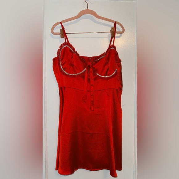 Satin Rhinestone Babydoll Mini Dress - Picture 2 of 6